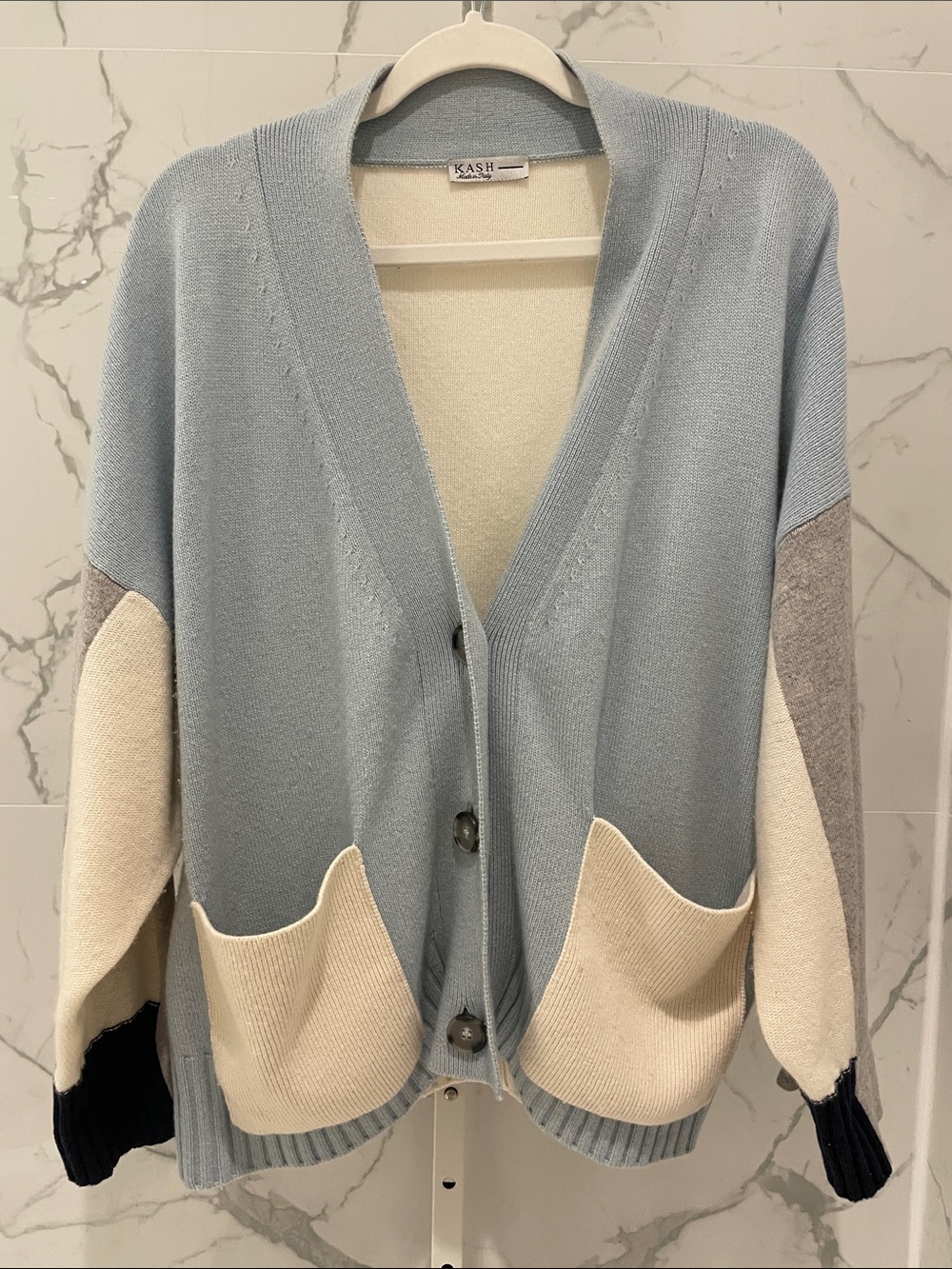 Kash Pastel Colorblock V-Neck Cardigan with Pockets, Size 42